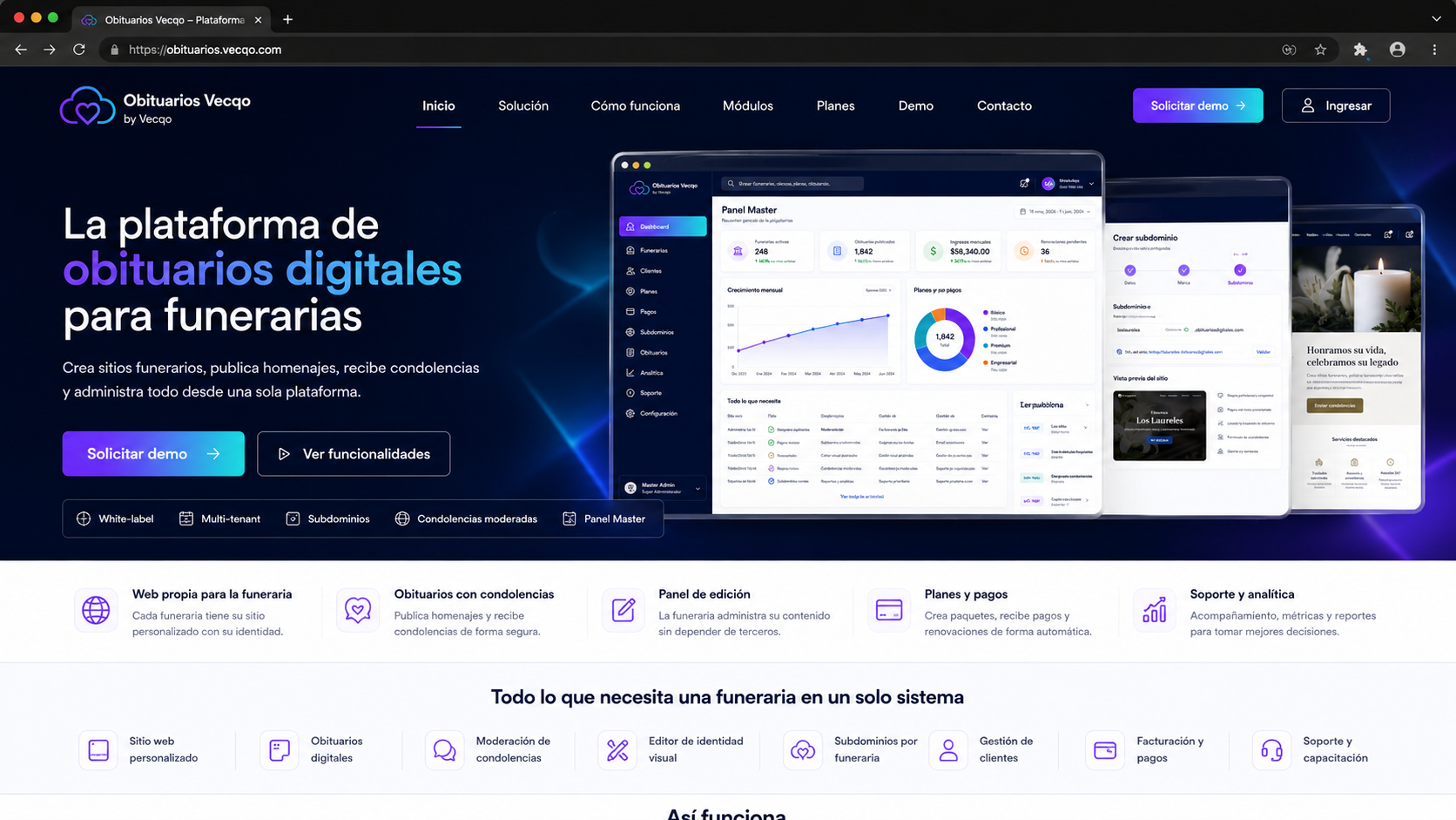 Vista de la plataforma de obituarios digitales para funerarias